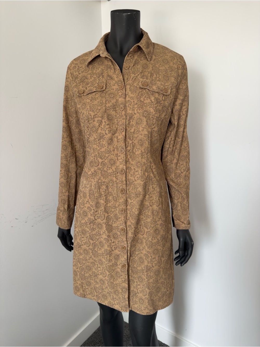 358. B.U.M. Equipment Tan Paisley Courdoroy Long-Sleeve Shirt Dress